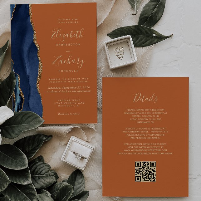 Convites Casamento Código QR Azul Naval Ágata Dourada Laran (Criador carregado)