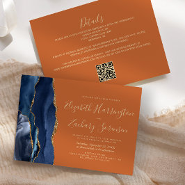 Convites Casamento Código QR Azul Naval Ágata Dourada Laran