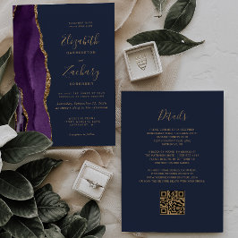 Convites Casamento Código QR Azul Naval Ágata Dourada Roxa