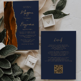 Convites Casamento Código QR Azul Naval Ágata Laranja Queim
