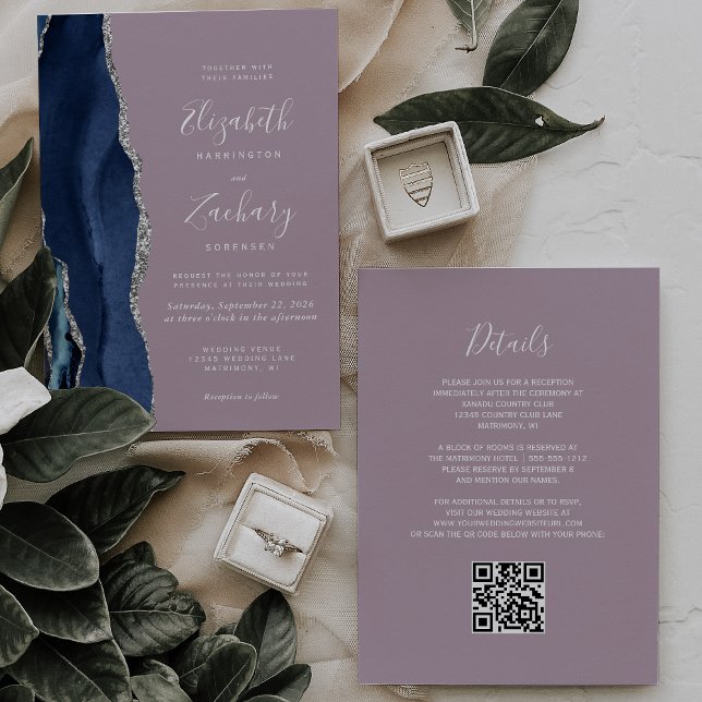 Convites Casamento Código QR Azul Naval Ágata Prata Bege (Criador carregado)
