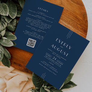Convites Casamento Código QR Azul Naval Art Déco Clássico E