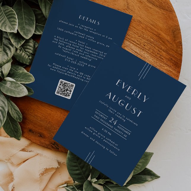 Convites Casamento Código QR Azul Naval Art Déco Clássico E (EVERLY Classic Art Deco Navy Blue QR Code Wedding Invitation)