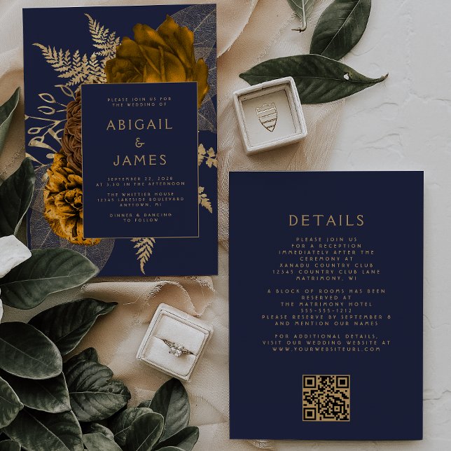 Convites Casamento Código QR Azul Naval Floral Dourado Lara (Criador carregado)