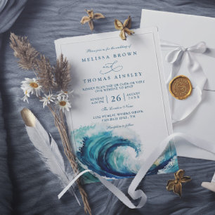Convites Casamento Código QR Azul Naval Onda Oceano Aquarel