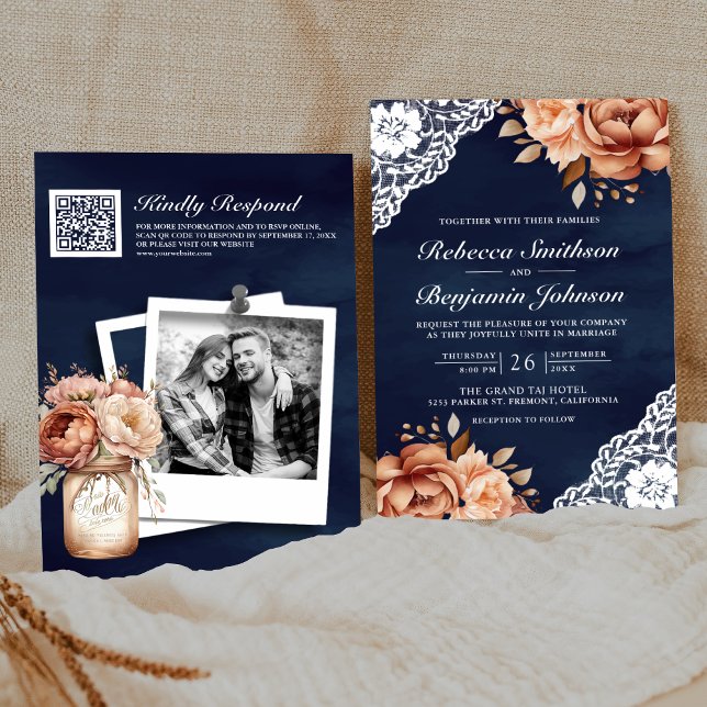 Convites Casamento Código QR Azul Naval Renda Floral Terrac (Criador carregado)