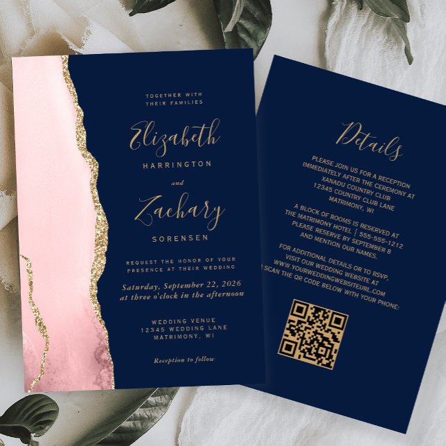 Convites Casamento Código QR Azul Naval Rosa Dourado Ágata (Criador carregado)