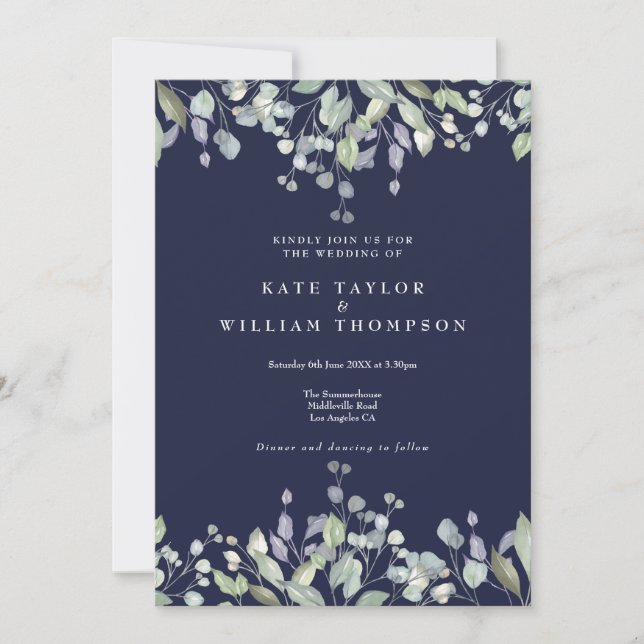 Convites Casamento Código QR Azul Naval Verde Lilás Floral (Frente)