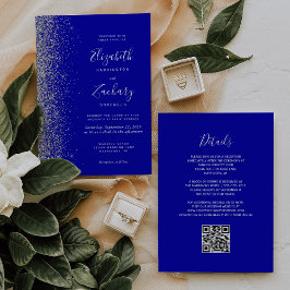 Convites Casamento Código QR Azul Real Brilho Prateado Mode