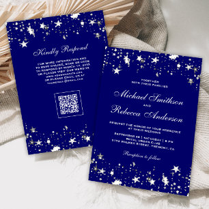 Convites Casamento Código QR Azul Real Confete Estrelas Pra