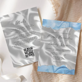 Convites Casamento Código QR Bebê Azul Prata Ágata Seda Bra