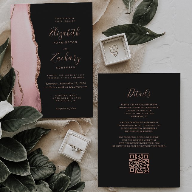 Convites Casamento Código QR Bege Rosa Ágata Escuro (Criador carregado)