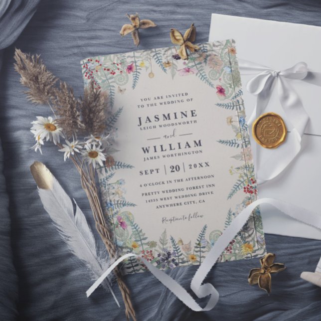 Convites Casamento Código QR Bege Samambaia Flor Silvestre  (Criador carregado)