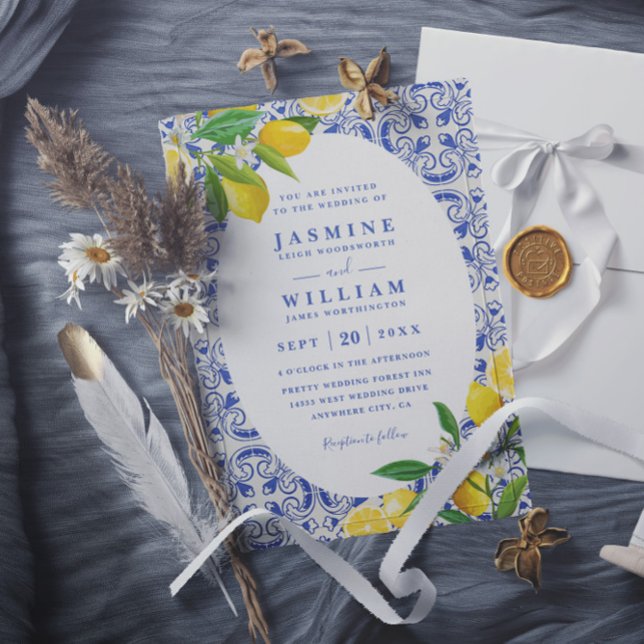 Convites Casamento Código QR Blue Boho Tiles e Limões (Criador carregado)