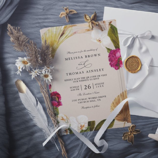 Convites Casamento Código QR Boho Chic Bege Neutro Verde Ve (Criador carregado)