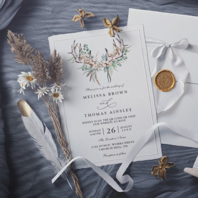 Convites Casamento Código QR Boho Eucalipto Elegante Aquare (Criador carregado)