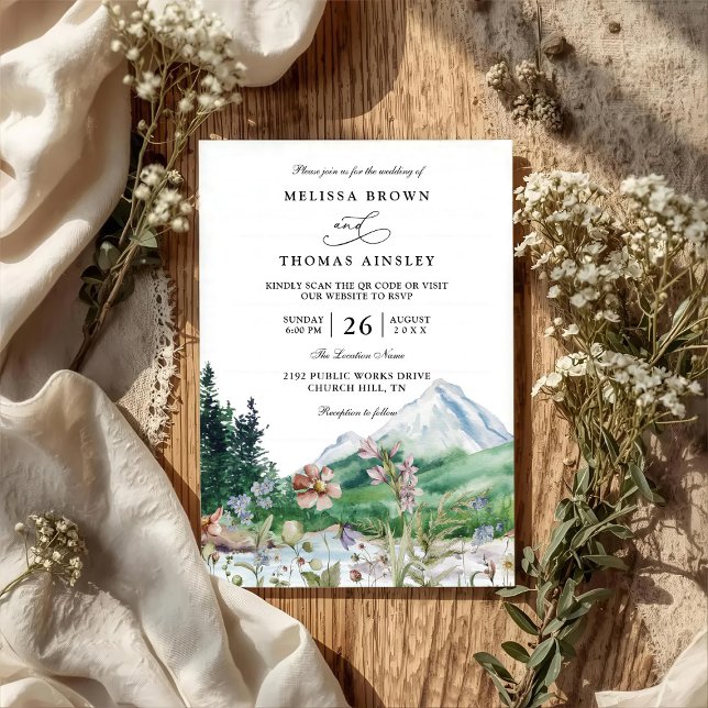 Convites Casamento Código QR Boho Flor Silvestre Montanha R (Criador carregado)