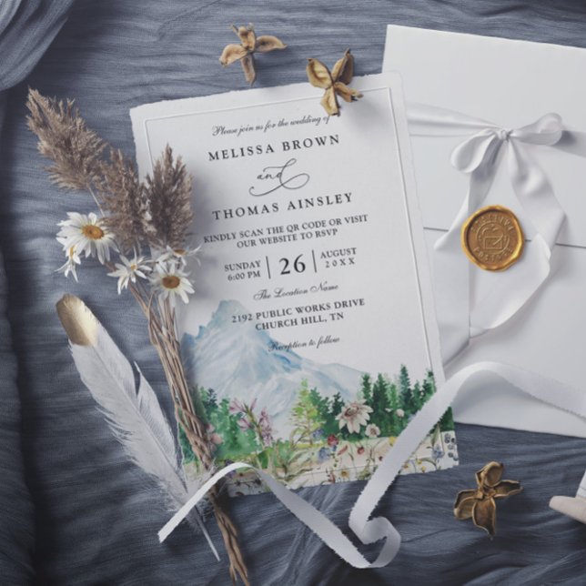 Convites Casamento Código QR Boho Flor Silvestre Montanha R (Criador carregado)