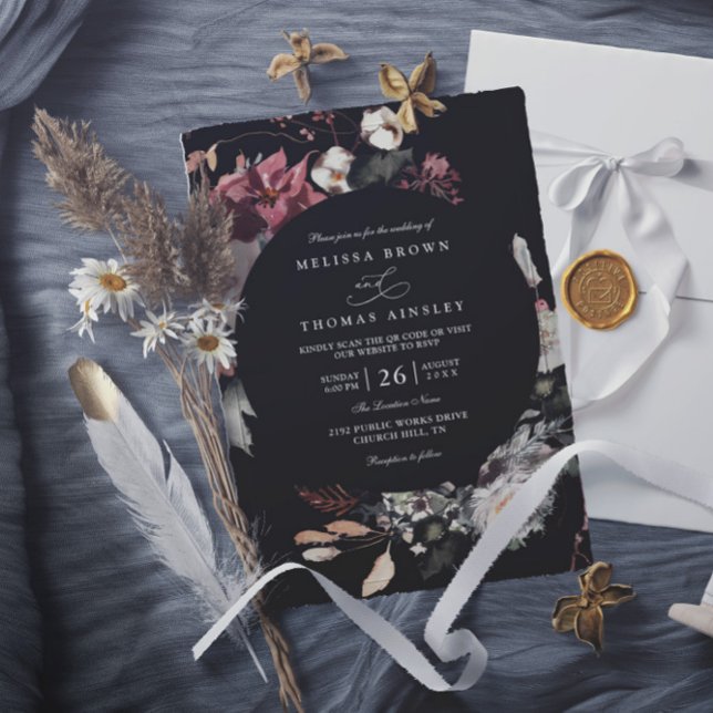Convites Casamento Código QR Boho Flores Rústicas Burgundy  (Criador carregado)