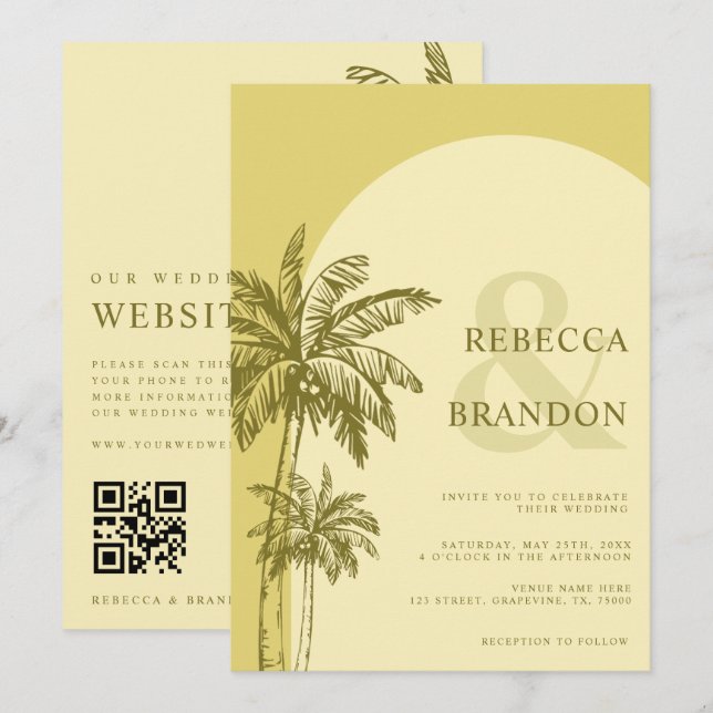Convites Casamento Código QR Boho Praia Amarela Palmeira (Frente/Verso)