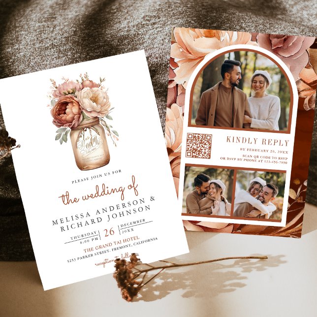 Convites Casamento Código QR Boho Terracota Floral Pote de  (Criador carregado)