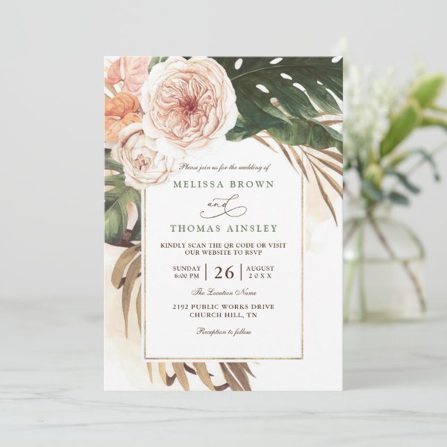 Convites Casamento Código QR Boho Tropical Floral Deserto C (Em pé/Frente)