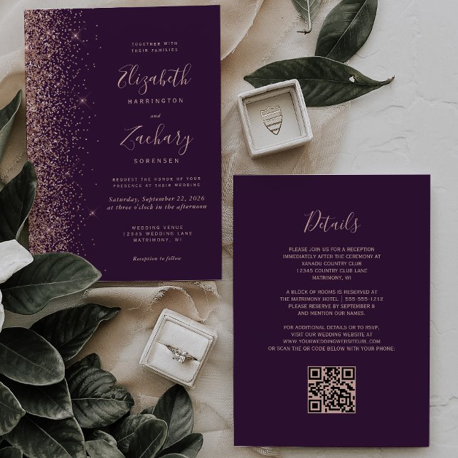 Convites Casamento Código QR Borda Glitter Rosa Dourado Rox (Criador carregado)