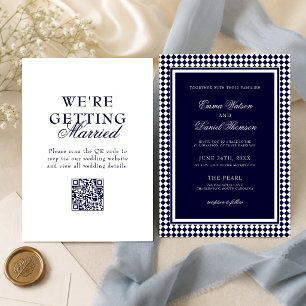 Convites Casamento Código QR Borda Harlequim Azul Marinho
