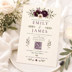 Convites Casamento Código QR Botânico Elegante Ameixa Oliva