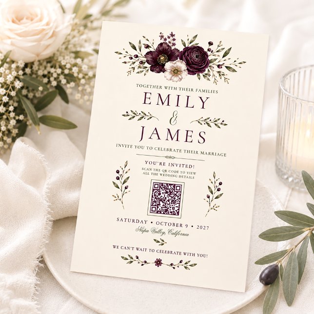 Convites Casamento Código QR Botânico Elegante Ameixa Oliva (Criador carregado)