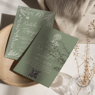 Convites Casamento Código QR Botânico Floral Verde Salvia B