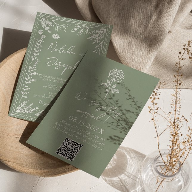 Convites Casamento Código QR Botânico Floral Verde Salvia B (Criador carregado)