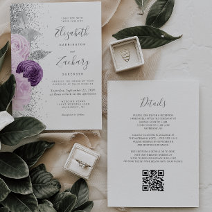 Convites Casamento Código QR Branco Brilho Prata Roxo Flora