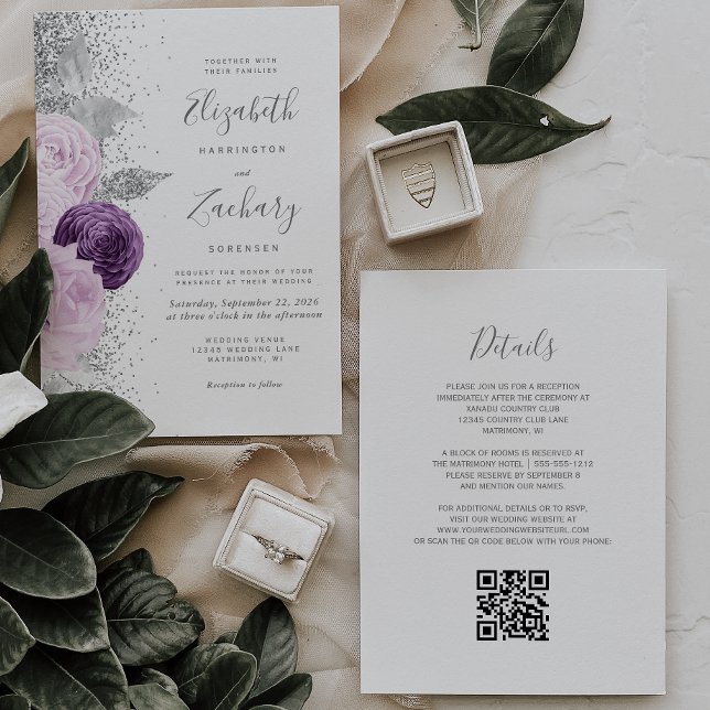 Convites Casamento Código QR Branco Brilho Prata Roxo Flora (Criador carregado)