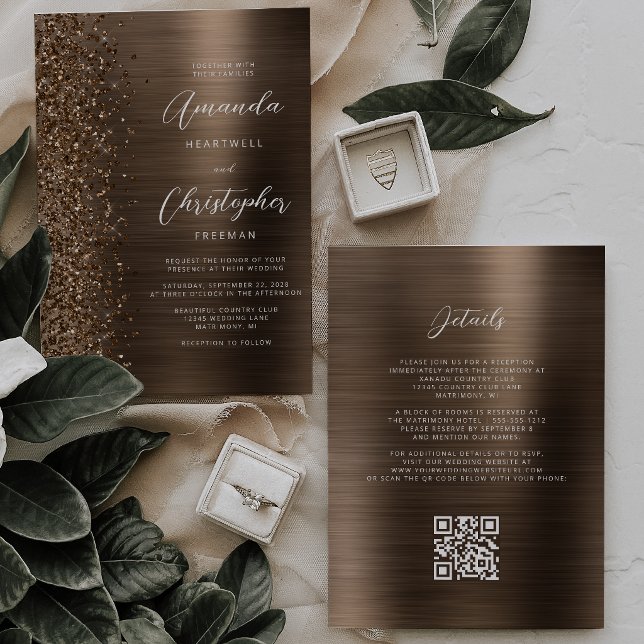 Convites Casamento Código QR Brilho de Metal Polido Bronze (Criador carregado)