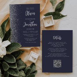 Convites Casamento Código QR Brilho Prata Azul Escuro