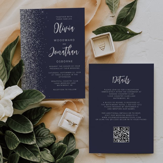 Convites Casamento Código QR Brilho Prata Azul Escuro (Criador carregado)