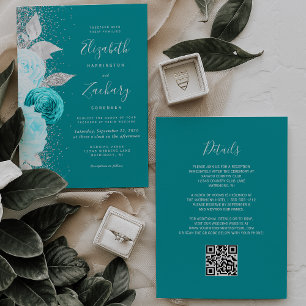Convites Casamento Código QR Brilho Prata Turquesa Floral