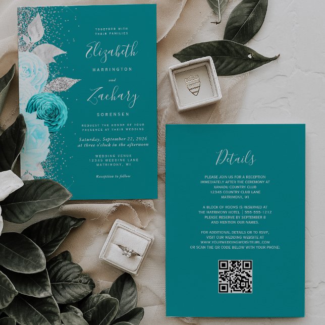Convites Casamento Código QR Brilho Prata Turquesa Floral (Criador carregado)