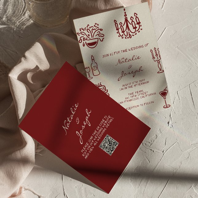 Convites Casamento Código QR Burgundy Desenhado à Mão Capri (Criador carregado)