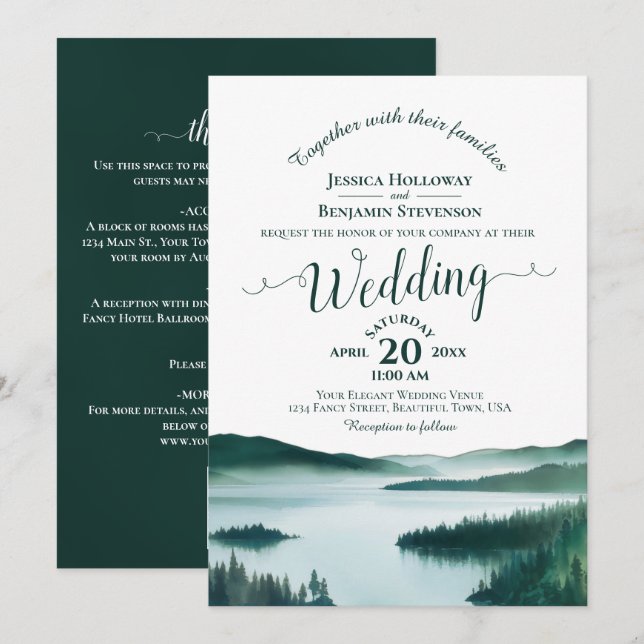 Convites Casamento Código QR Caligrafia Elegante Lago da Mo (Frente/Verso)