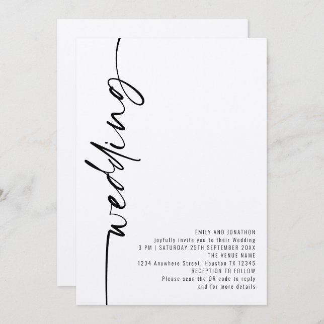 Convites Casamento Código QR Caligrafia Moderna (Frente/Verso)