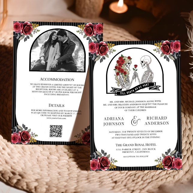 Convites Casamento Código QR Casal Esqueleto Góthico Rosas  (Criador carregado)