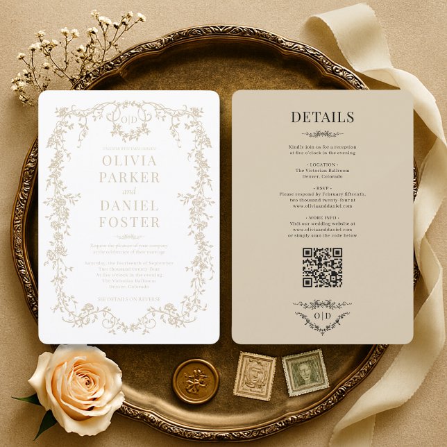 Convites Casamento Código QR Champanhe Bege Elegante Vitori (Criador carregado)