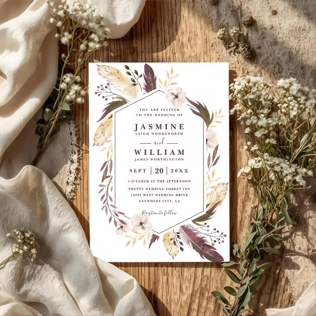 Convites Casamento Código QR Chic Moderno Elegante Penas Bo (Criador carregado)