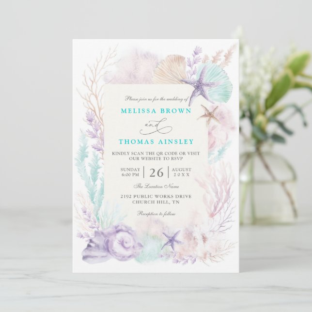 Convites Casamento Código QR Chic Oceano Turquesa Lavanda (Em pé/Frente)