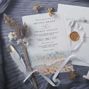 Convites Casamento Código QR Chic Praia Marítimo Aquarela R