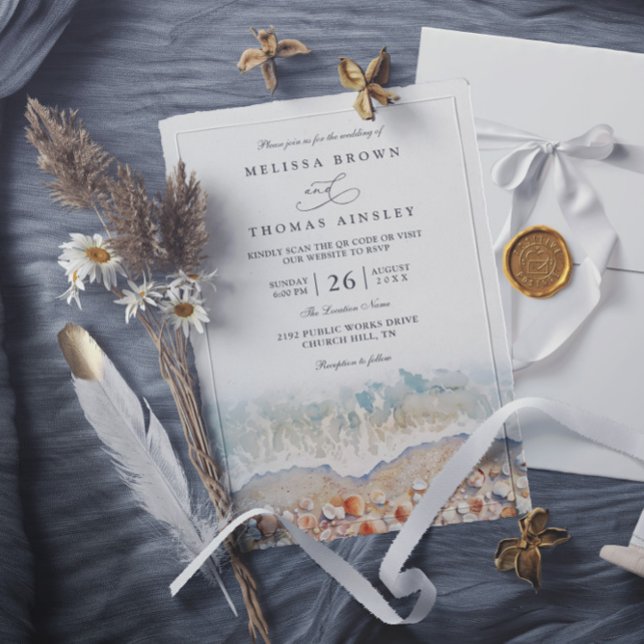 Convites Casamento Código QR Chic Praia Marítimo Aquarela R (Criador carregado)