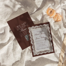 Convites Casamento Código QR Chocolate Marrom Renda Dinheir