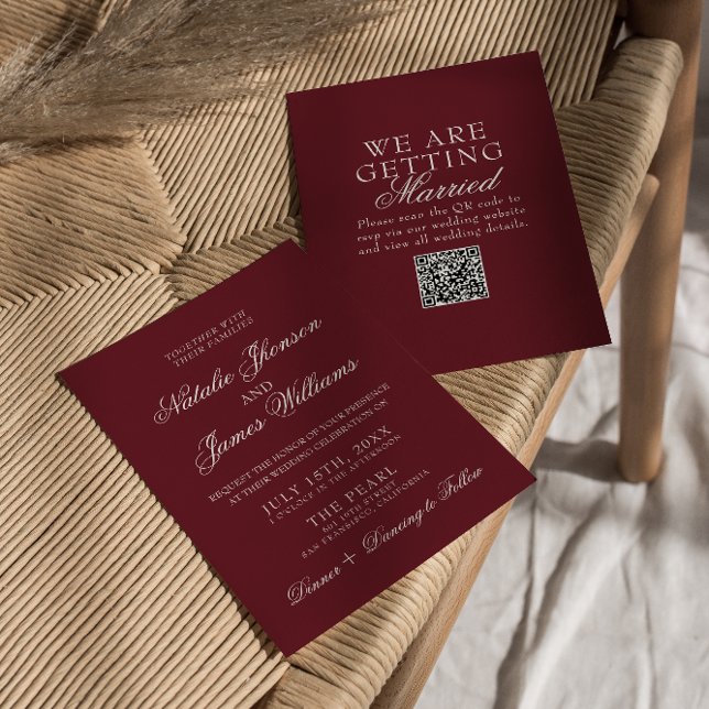Convites Casamento Código QR Clássico Borgonha Suntuoso Din (Criador carregado)